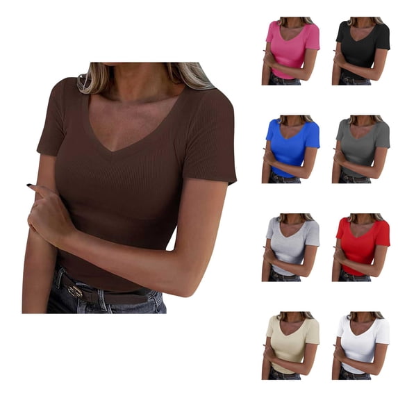 Ahuyic Womens Plus Size Top,Womens Summer Blouse,Women Short Sleeve Sequins Loose Polluer Solid V-Neck Blouse Shirt Gray S