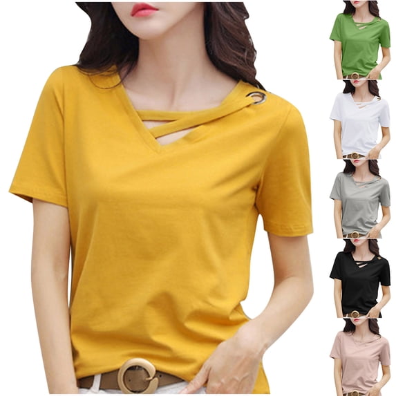 Ahuyic Womens Plus Size Top,Womens Summer Blouse,Womens Casual Oversize Solid Color V-Neck Hooded Short Sleeve T-shirt Tank White L
