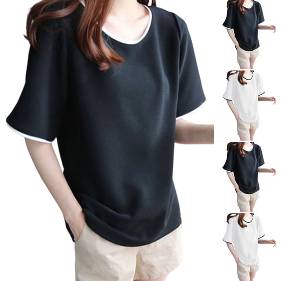 Ahuyic Womens Plus Size Top,Womens Summer Blouse,Womens Casual Solid Color Blouse Womens T-shirt Loose Top for Womens Summer Black XL