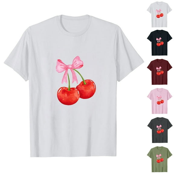 Ahuyic Womens Plus Size Top,Womens Summer Blouse,Womens Fashion Cherry-Print Short-Sleeve Top - Round-Neck Casual Blouse for Womens Summer Looks Black XXXL