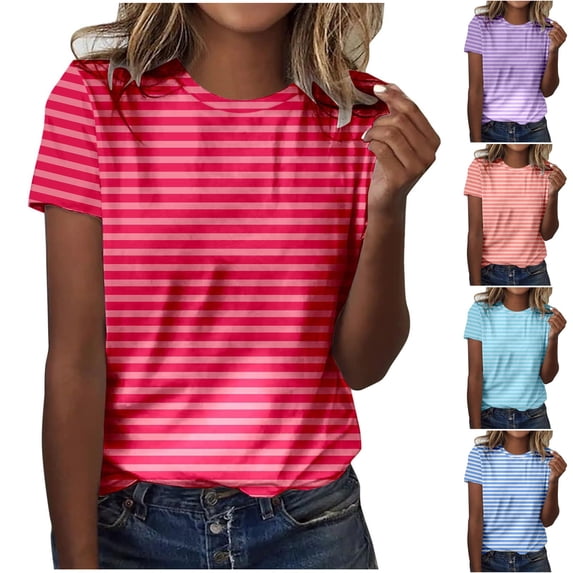 Ahuyic Womens Plus Size Top,Womens Summer Blouse,Womens Fashion Printed Blouses Short Sleeve T-shirt Round Neck Top for Womens Summer Hot Pink XL