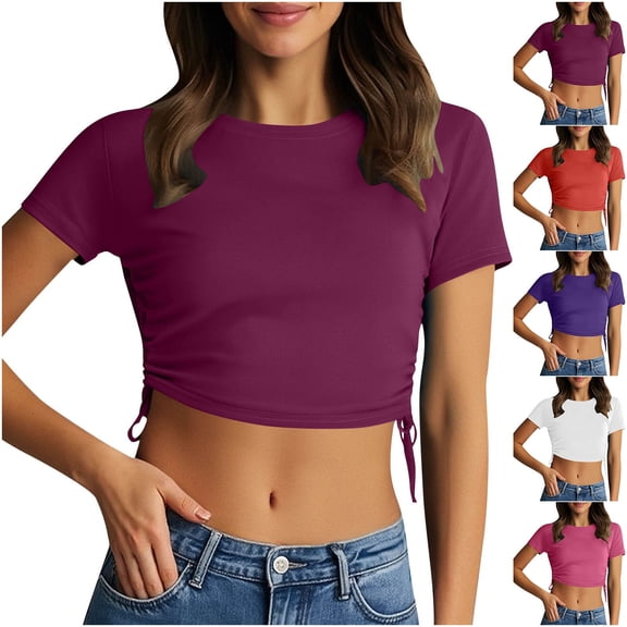 Ahuyic Womens Plus Size Top,Womens Summer Blouse,Womens Hard Short Sleeve Round Neck Draw Rope Solid Color Casual T-shirt Red M