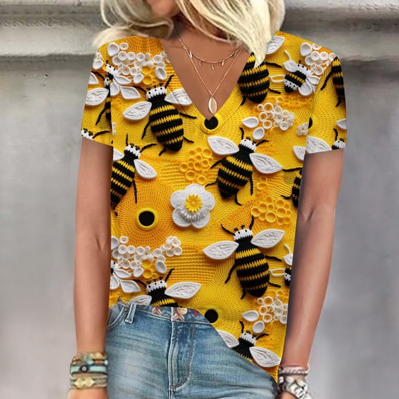 Ahuyic Womens Plus Size Top,Womens Summer Blouse,Womens Printed Top Round Neck Short Sleeve Blouse for Women Casual T-Shirt for Womens Summer Orange M