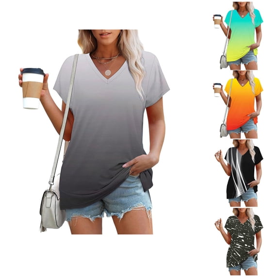 Ahuyic Womens Plus Size Top,Womens Summer Blouse,Womens Printed V-neck Casual Top Womens Short Sleeve T-shirt Loose Gradient Color Blouse for Women Multicolor XXL