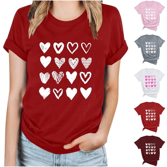Ahuyic Womens Plus Size Top,Womens Summer Blouse,Womens Softable Heart-Print Blouse - Round-Neck Short-Sleeve Casual T-Shirt for Summer Daily Wear Pink L