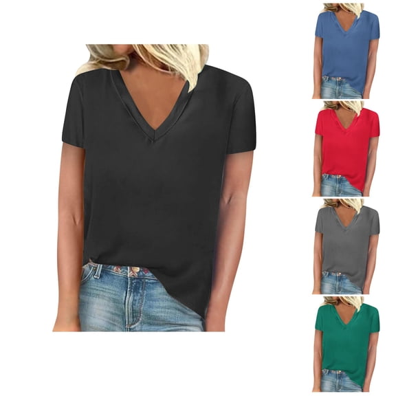 Ahuyic Womens Plus Size Top,Womens Summer Blouse,Womens Solid Color Blouse Round Neck Short Sleeve Top for Women Casual T-Shirt for Womens Summer Black S