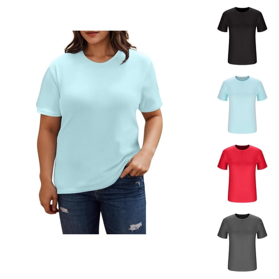 Ahuyic Womens Plus Size Top,Womens Summer Blouse,Womens Solid Color Blouses Short Sleeved Round Neck Pullover Fashionable Black M