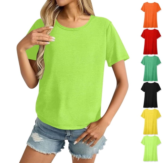 Ahuyic Womens Plus Size Top,Womens Summer Blouse,Womens Solid Color Pleated Round Neck Top - Casual Short-Sleeve Blouse for Daily Wear Green L