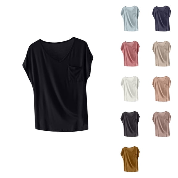 Ahuyic Womens Plus Size Top,Womens Summer Blouse,Womens Solid Color Pocket Shoulder Length Short Sleeved V-Neck Pullover Fashionable Pink M