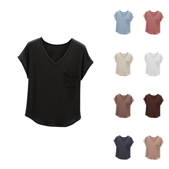 Ahuyic Womens Plus Size Top,Womens Summer Blouse,Womens Solid Color Round Neck With Chest Pocket Short Sleeved T-shirt Top for Womens Summer White XXL