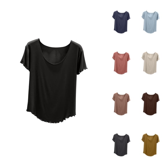 Ahuyic Womens Plus Size Top,Womens Summer Blouse,Womens Solid Round Neck Lace Sleeves Short Sleeved Top Short Sleeved Round Neck Shirt Khaki L