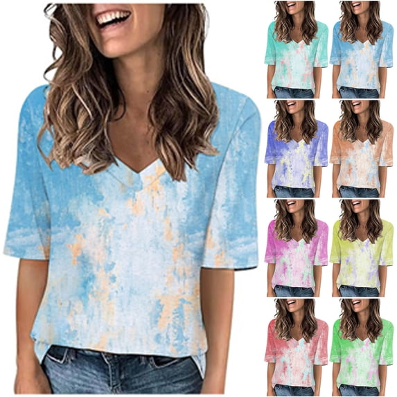 Ahuyic Womens Plus Size Top,Womens Summer Blouse,Womens Tie-Dye Printed Short-Sleeve T-Shirt - Loose Round Neck Fashion Casual Top for Summer Hot Pink L