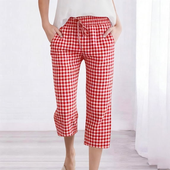 Ahuyic Womens Shorts Linen Look Plaid Drawstring Elastic Waist Casual 7 Inch Pants for Womens Daily Wear