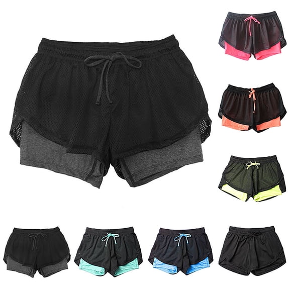 Ahuyic Womens Shorts,Plus Size Pants for Women,Womens Summer Casual Mesh Double Layer Drawstring Solid Yoga Fitness Sports Shorts,Gray,XL