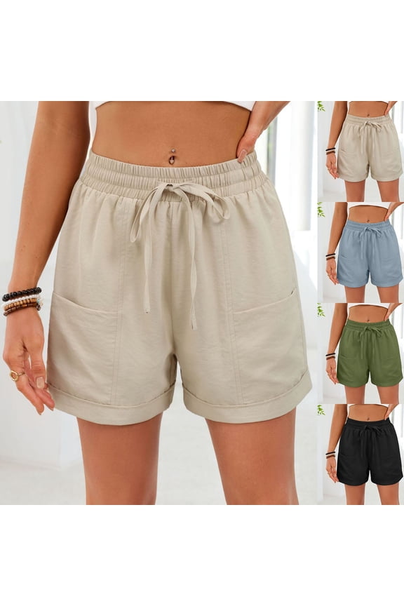 Womens Shorts,Plus Size Pants for Women,Womens’s Fashion Solid Color Pocket Pull Rope Loose Tight Waist Loose Shorts,Beige,XXL