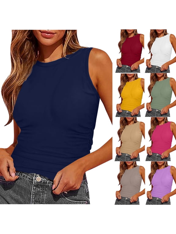 Womens Sleeveless Top,Tank Tops for Women,Womens Tank Summer Sleeveless High Neck Slim Fitted Blouse Side Ruched Basic Tees Shirts