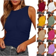 Ahuyic Womens Sleeveless Top,Tank Tops for Women,Womens Tank Summer Sleeveless High Neck Slim Fitted Blouse Side Ruched Basic Tees Shirts