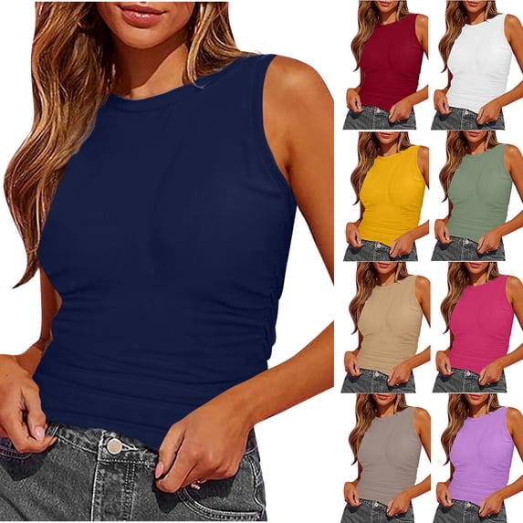 Ahuyic Womens Sleeveless Top,Tank Tops for Women,Womens Tank Summer Sleeveless High Neck Slim Fitted Blouse Side Ruched Basic Tees Shirts