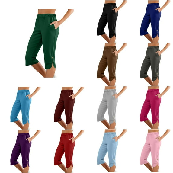 Ahuyic Womens Solid Color Long Pants, Plus Size Pants For Women, Women Solid Color Elastic Waist Sports Casual Capris Pants With Side Pockets