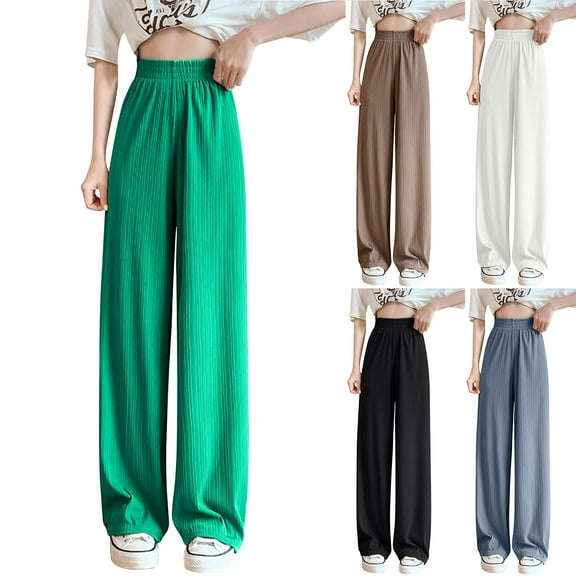 Ahuyic Womens Solid Color Long Pants, Plus Size Pants For Women, Womens Solid Color High Waist Hanging Loose Straight Leg Casual Ice Silk Wide Leg Pants
