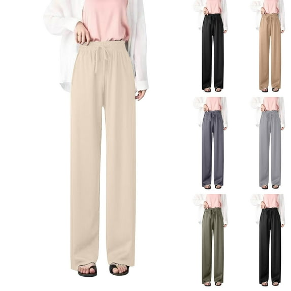 Ahuyic Womens Solid Color Long Pants, Plus Size Pants For Women, Womens Solid Color High Waist Hanging Loose Straight Leg Casual Ice Silk Wide Leg Pants