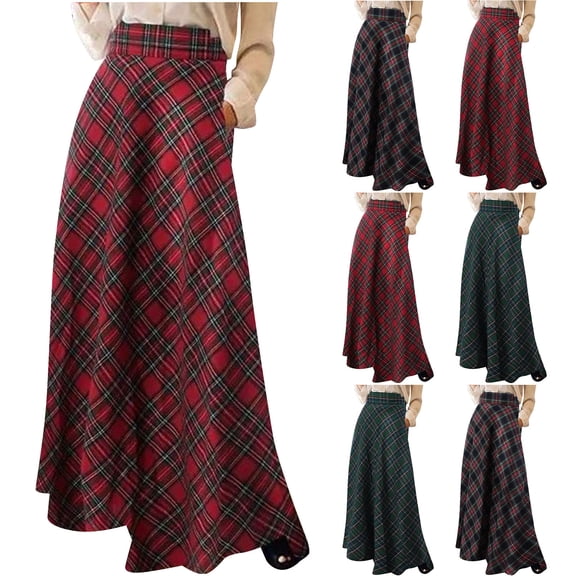 Ahuyic Womens Summer Casual Dress,Womens Plus Size Dress,Ladies High Waisted Plaid A-line Half Body Large Skirt,Green,M