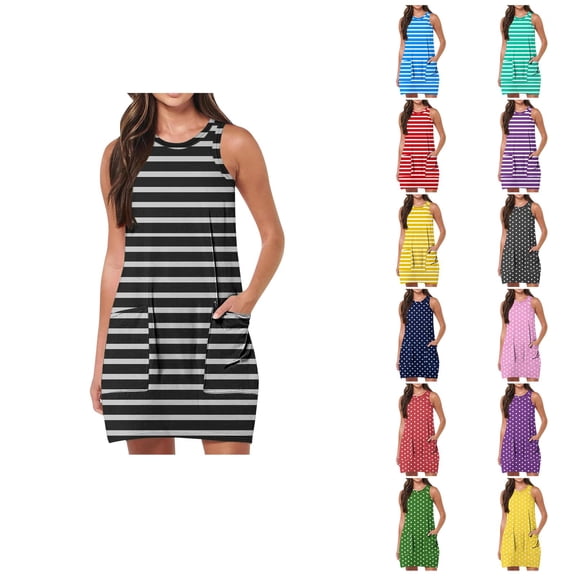 Ahuyic Womens Summer Casual Dress,Womens Plus Size Dress,Womens Casual Printing Pocket Sleeveless Round-Neck Dress,Black,S