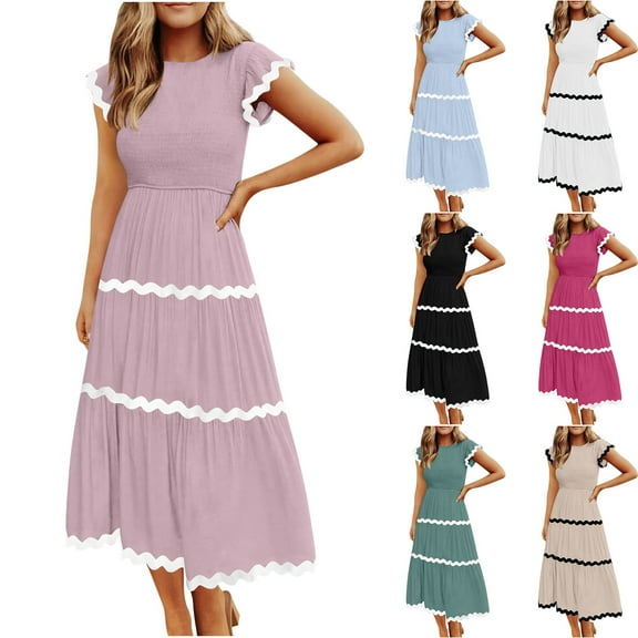 Ahuyic Womens Summer Casual Dress,Womens Plus Size Dress,Womens Casual Round Neck Pullover Pocket Lace Patchwork Dress,Light Blue,M