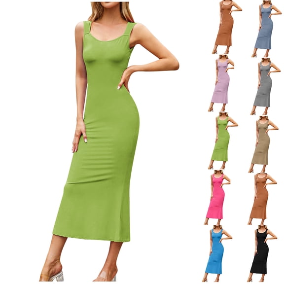 Ahuyic Womens Summer Casual Dress,Womens Plus Size Dress,Womens Casual Sleeveless Solid Color Slit Ankle-length Dress,Blue,M