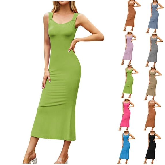 Ahuyic Womens Summer Casual Dress,Womens Plus Size Dress,Womens Casual Sleeveless Solid Color Slit Ankle-length Dress,Light Blue,L