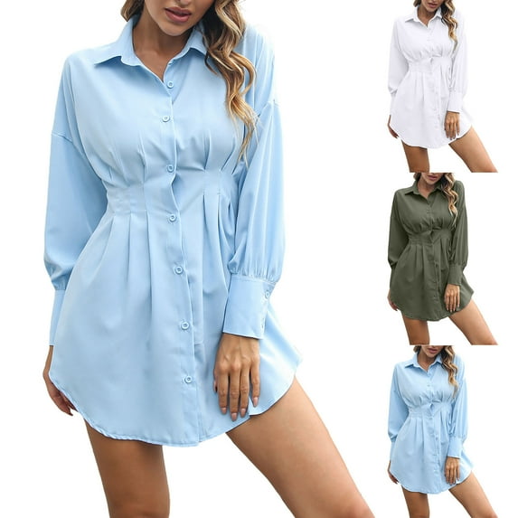 Ahuyic Womens Summer Casual Dress,Womens Plus Size Dress,Womens Casual Solid Color Casual Lantern Long Sleeve Waist Shirt Dress,Green,S
