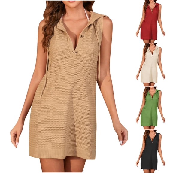 Ahuyic Womens Summer Casual Dress,Womens Plus Size Dress,Womens Casual Solid Color Loose Hooded Button Drawstring Sleeveless-Neck Dress,Beige,M