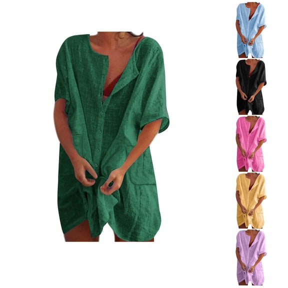 Ahuyic Womens Summer Casual Dress,Womens Plus Size Dress,Womens Casual Solid Color Pocket Button Short Sleeve Round-Neck Dress,Black,XXL