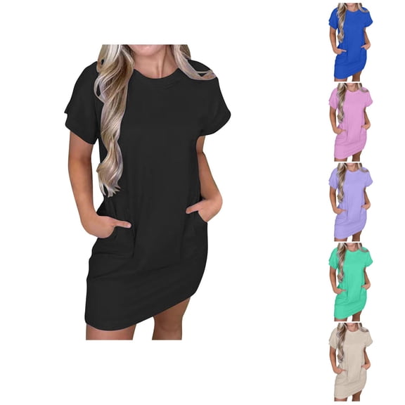 Ahuyic Womens Summer Casual Dress,Womens Plus Size Dress,Womens Casual Solid Color Pocket Short Sleeve Round-Neck Dress,Black,L