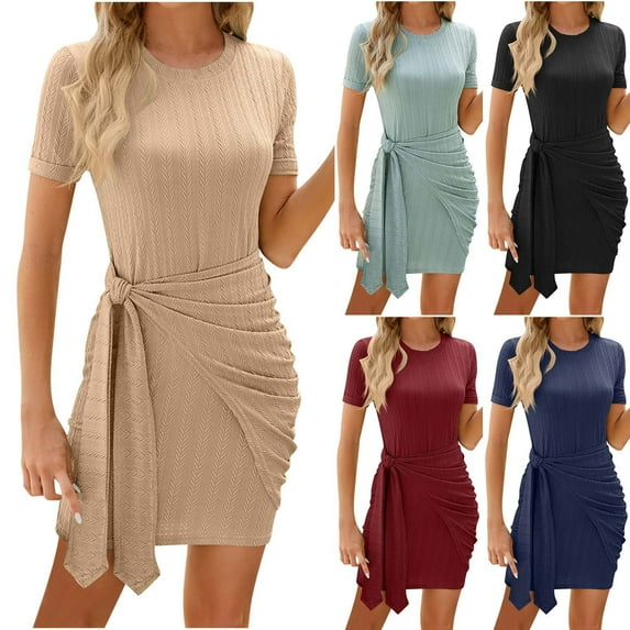 Ahuyic Womens Summer Casual Dress,Womens Plus Size Dress,Womens Casual Solid Color Round Neck Short Sleeved Pleated Lace Up Knitted Dress,Green,S