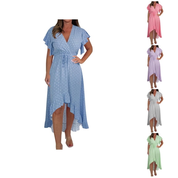 Ahuyic Womens Summer Casual Dress,Womens Plus Size Dress,Womens Casual Vacation Style V-Neck Printed Short-Sleeved Ruffled Dress,Green,M