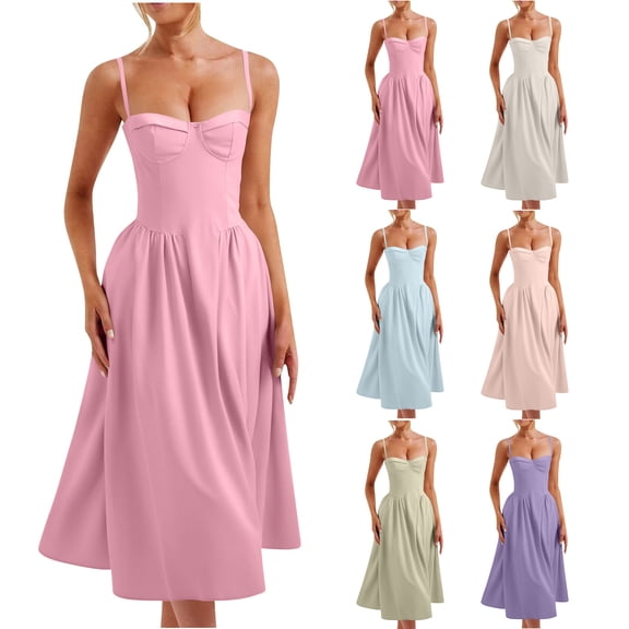 Ahuyic Womens Summer Casual Dress,Womens Plus Size Dress,Womens Elegant French Waist Belt Pocket Slim Suspender Dress,Pink,M