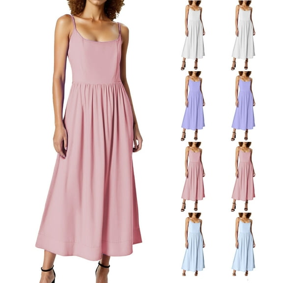 Ahuyic Womens Summer Casual Dress,Womens Plus Size Dress,Womens Elegant French Waist Belt Pocket Slim Suspender Dress,Pink,XL