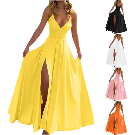 Ahuyic Womens Summer Casual Dress,Womens Plus Size Dress,Womens Elegant French Waist Belt Pocket Slim Suspender Dress,Yellow,M