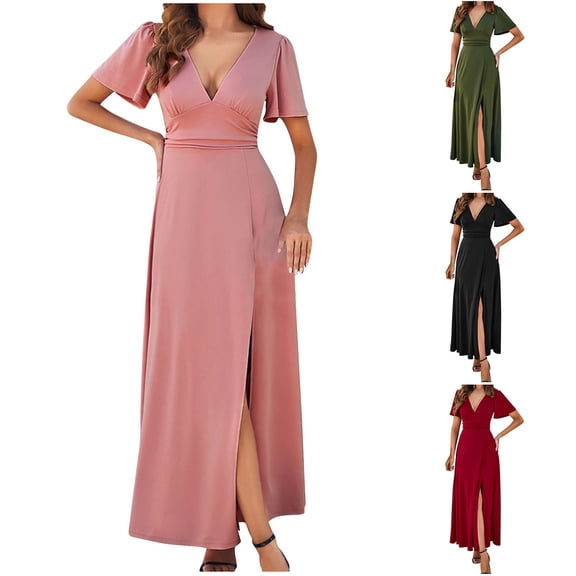 Ahuyic Womens Summer Casual Dress,Womens Plus Size Dress,Womens Fallow V-Neck Short Sleeve Solid Color Dresses,Pink,S