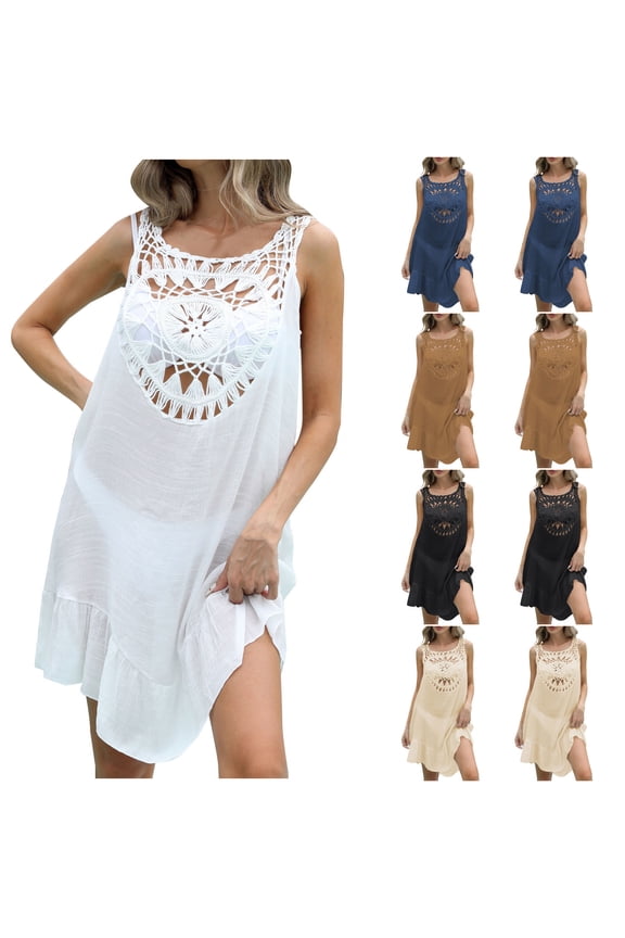 Womens Summer Casual Dress,Womens Plus Size Dress,Womens Hand-crocheted Floral Patchwork Cutout Smock Patchwork Dress,Brown,Free Size