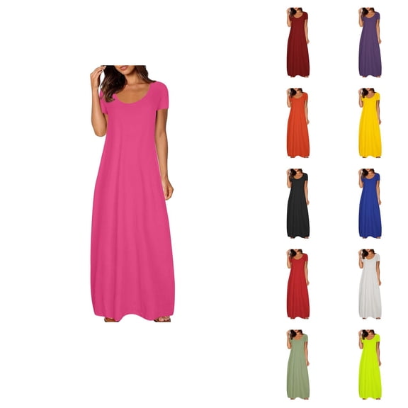 Ahuyic Womens Summer Casual Dress,Womens Plus Size Dress,Womens Large Pocket Solid Color Dress Round Neck Short Sleeved Long Sleeved,Purple,L