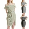 thumbnail image 1 of Ahuyic Womens Summer Casual Dress,Womens Plus Size Dress,Womens Off-the-Shoulder Ruffled Short Sleeve Striped Belted Slit Mini Dress,White,S, 1 of 4