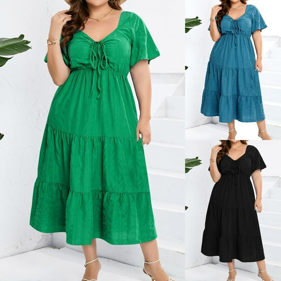 Ahuyic Womens Summer Casual Dress,Womens Plus Size Dress,Womens Popular High Waisted Dresses Long Short Sleeved Oversized Dresses,Blue,XL