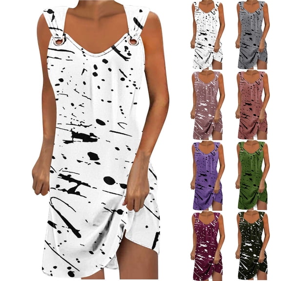 Ahuyic Womens Summer Casual Dress,Womens Plus Size Dress,Womens Printed Elegant Casual Style V-Neck Dress With Strap,Green,L