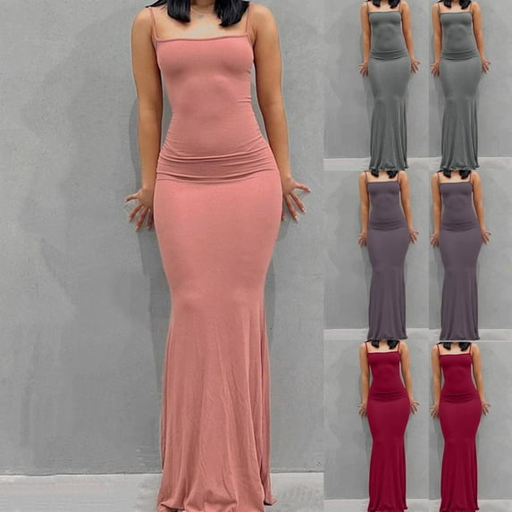 Ahuyic Womens Summer Casual Dress,Womens Plus Size Dress,Womens Round Neck Sleeveless Solid Color Camisole Long Fishtail Skirt,Wine,M