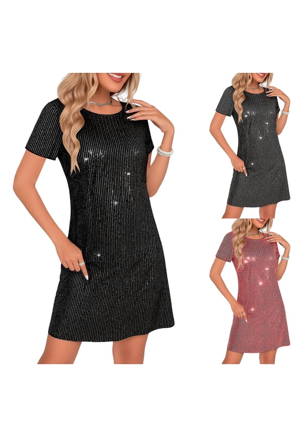 Womens Summer Casual Dress,Womens Plus Size Dress,Womens Sequin Slim Short Sleeve Solid Round Neck Dresses,Red,XXL