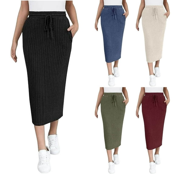 Ahuyic Womens Summer Casual Dress,Womens Plus Size Dress,Womens Solid Color Elastic High Waist Lace Up Leisure Mid Length Skirt,Dark Gray,S