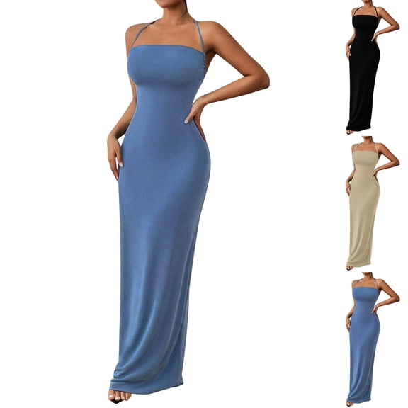 Ahuyic Womens Summer Casual Dress,Womens Plus Size Dress,Womens Solid Color Knitted Lace Up Backless Camisole Dress,Blue,M