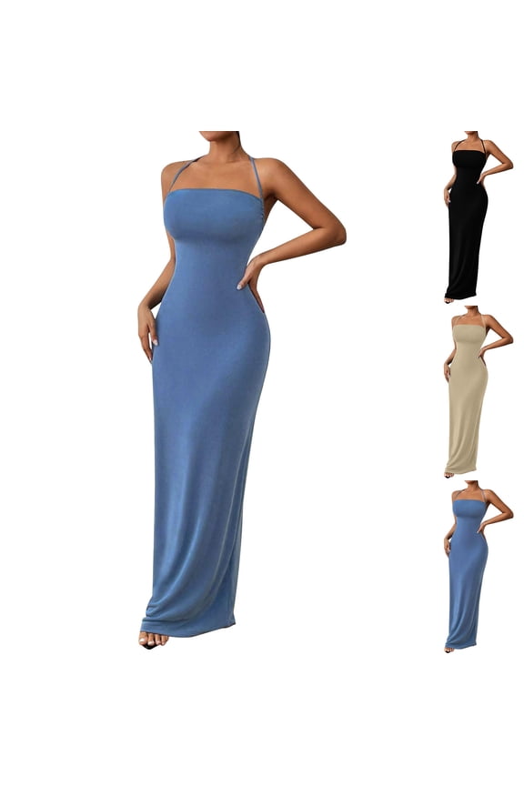 Womens Summer Casual Dress,Womens Plus Size Dress,Womens Solid Color Knitted Lace Up Backless Camisole Dress,Blue,XXL